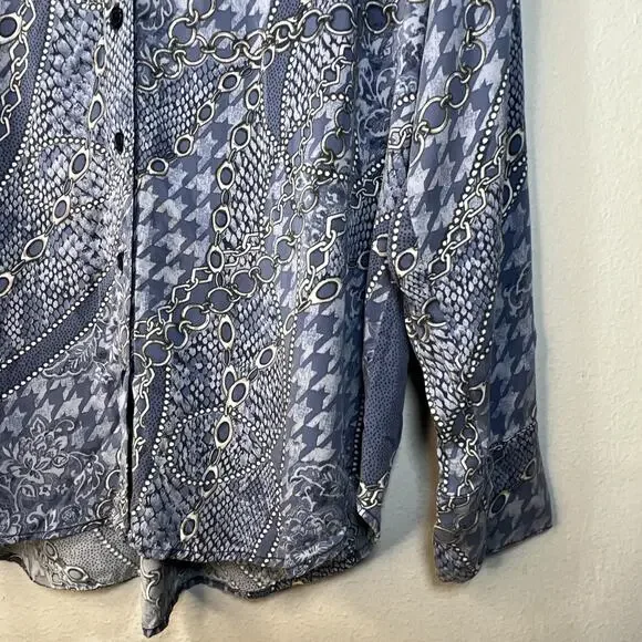 Chico's 2 chicos large Sandwashed Satin Mixed Print Button Up Long Sleeve silky - Picture 2 of 11